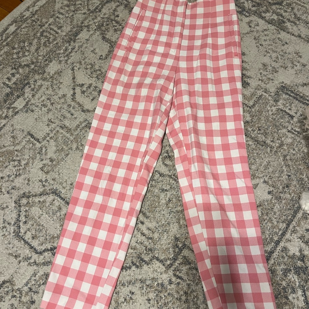 Zara Pink and White Gingham Cropped Pants